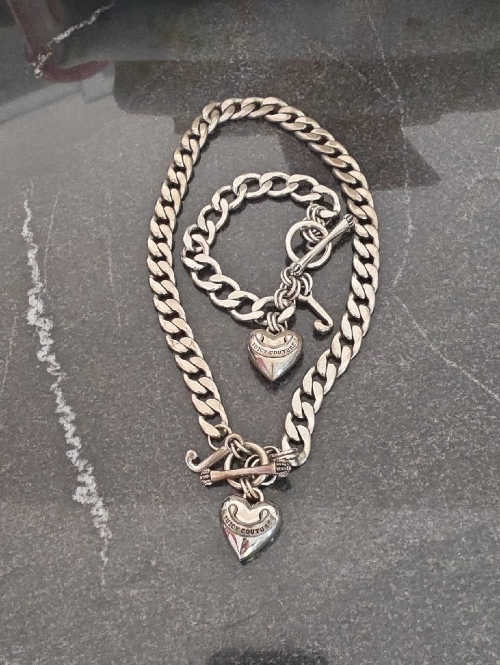 Juicy Couture Silver-Tone Curb Chain Necklace and Bracelet Set With Heart Toggle